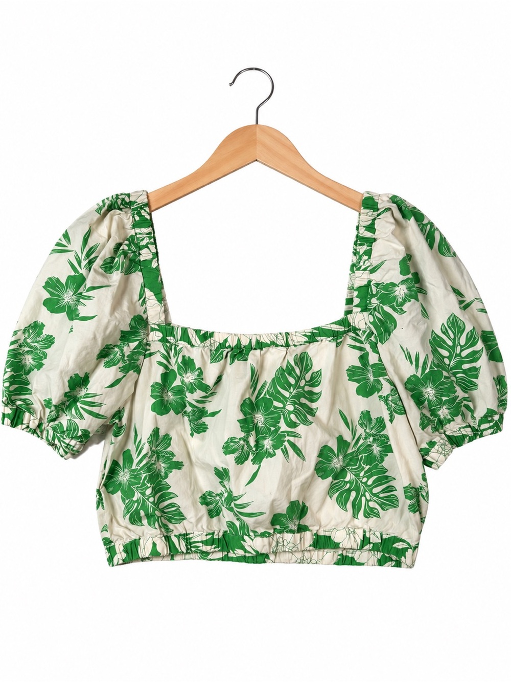 American Eagle Green Tropical Floral Crop Top Large Puff Sleeve Cottagecore